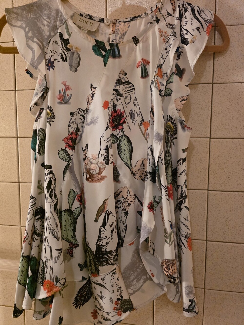 KOCH White Floral Cactus Print Ruffle Sleeve Top